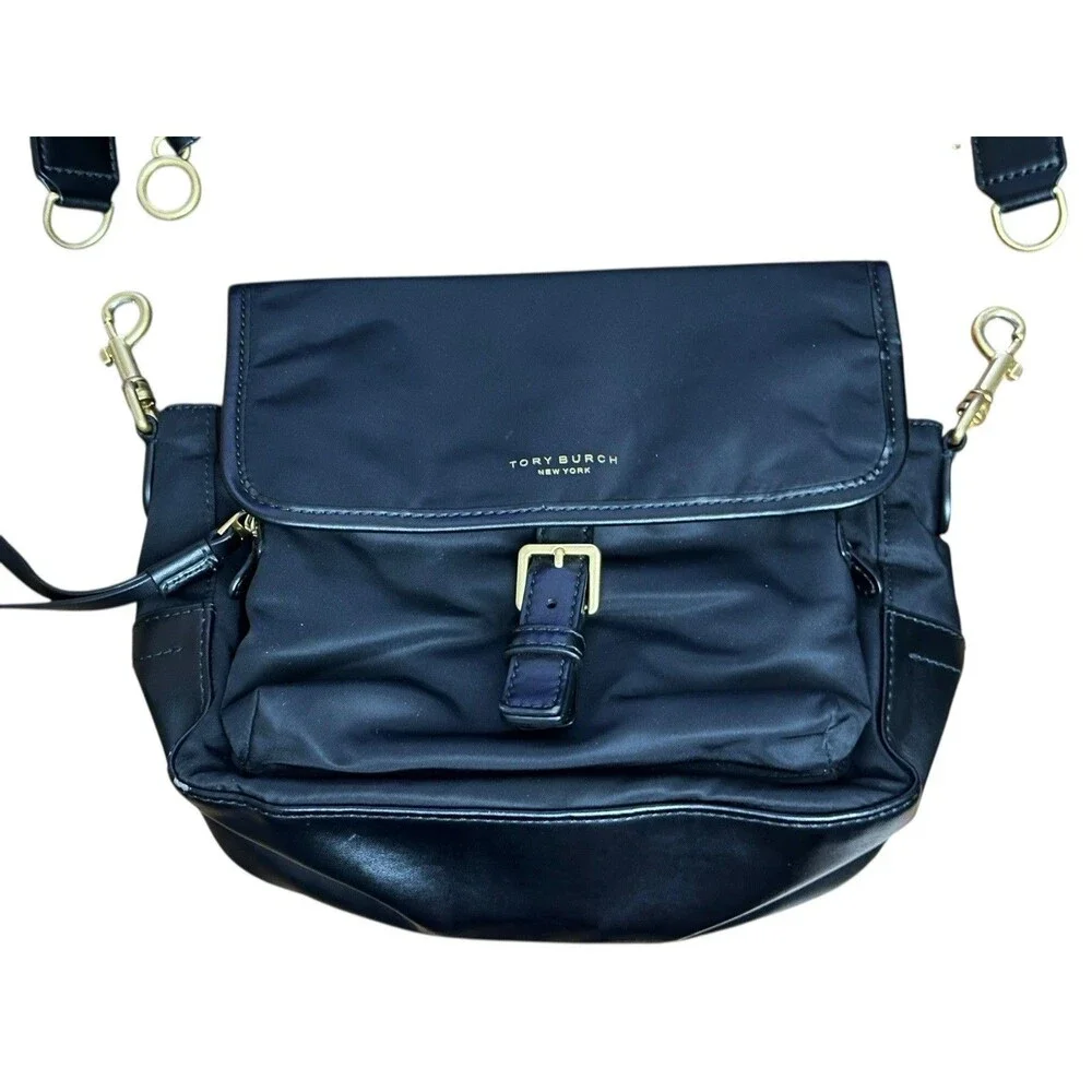 Tory Burch Perry Nylon Crossbody Shoulder Bag Black Strap Green Interior